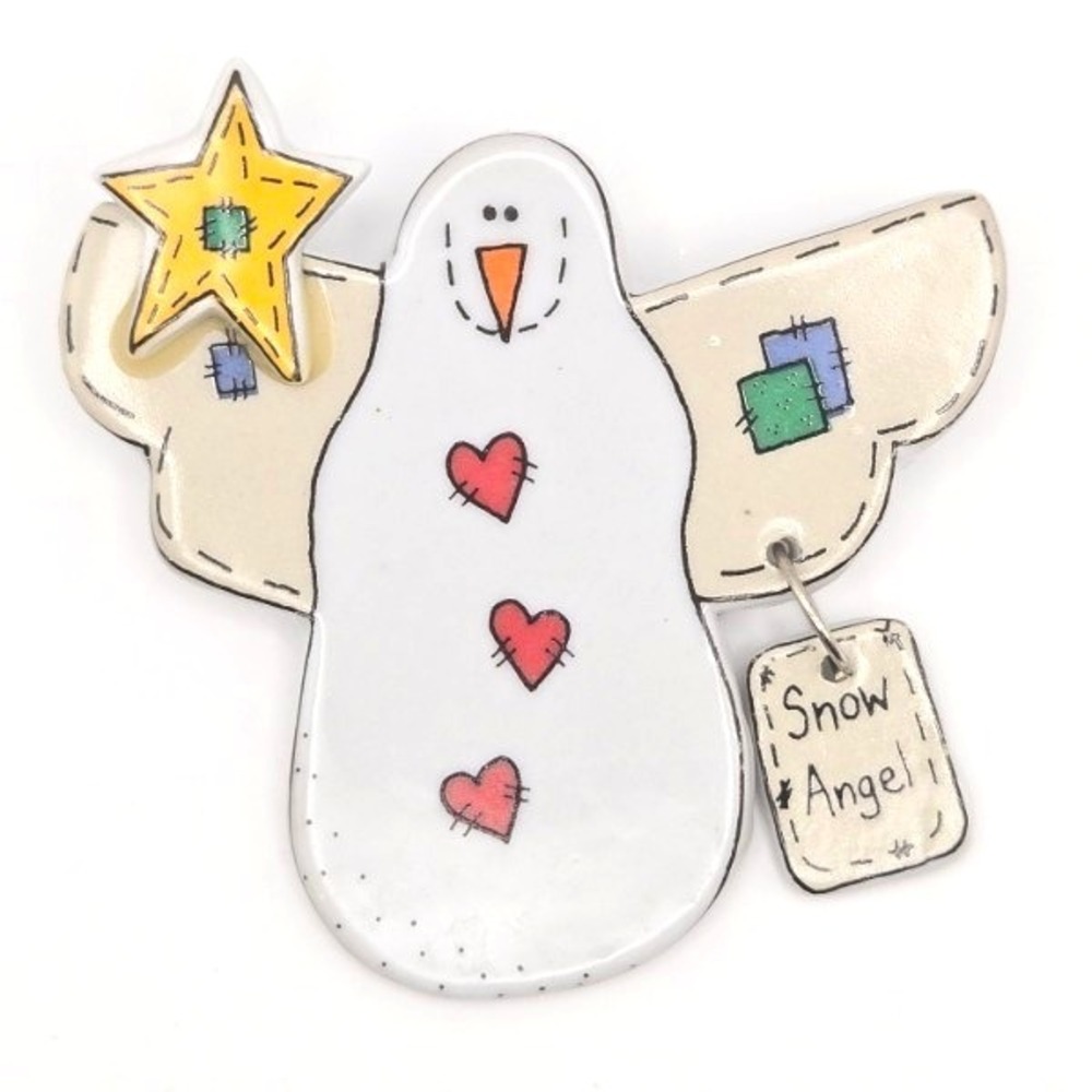 Large Ceramic Snow Angel Pin Brooch Star‎ Christmas Holiday Cute Rustic Country